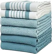Premium Kitchen Towels 20”x 28”- 6 Pack| Large Cotton Kitchen Towels | Hand Towels for Kitchen | Flat & Terry Towel | Dish Towels | Highly Absorbent Tea Towels Set with Hanging Loop | Aqua Striped