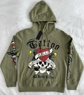 Ed Hardy Tattoo Hoodie Love Kills Slowly Skull & Crossbone Men’s Size Large