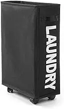 Vivva Slim Laundry Basket with Leather Handle on Wheels, Foldable Corner Storage Bins, Collapsible Rolling Laundry Hamper(Black)