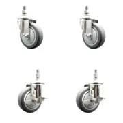 4 Inch 316SS Thermoplastic Rubber 3/8 Inch Threaded Stem Caster Set 2 Brake SCC