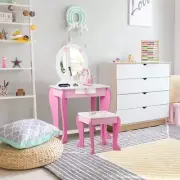Kids Pink Vanity Table & Chair Set with Mirror, Detachable Top, and Drawer