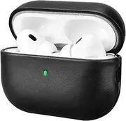 Leather Case for AirPods Pro 2 2022, ICARERFAMILY Premium Genuine Leather Shockproof Protective Case Cover for Apple AirPods Pro 2 Earphones Charging Case (LED Visible) Support Wireless Charger-Black
