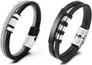 [LYLYMIMI] 2 Pcs Black Leather Bracelets for Men Women Braided Mens Bracelet Leather Wristband Cuff Bracelets Set with Stainless Steel Clasp 8.5 inch