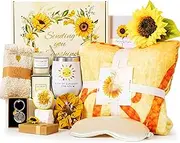 Sunflower Pamper Gifts for Women,Birthday Gift Set Self Care Package Relaxation Spa Bath Box for Mother, Get Well Soon Gift Baskets for Her, Hamper Gift for Women, Friend, Sister, Mom with Blanket