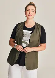[TS] Taking Shape Stretch Linen Button Front Vest Size 10 in Olive - Plus Size Women's Clothing Olive