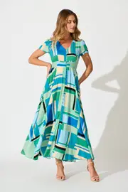 Mylee Maxi Dress Short Sleeve in multicolor Blue with Green Geometric 10