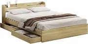 OIKITURE Pine Wood Bed Frame Platform,209.5X143X70 cm, Bed Frame Wooden Timber House Frame Single Mattress Base Platform with Trundle Drawers & Built-in USB Charging Ports