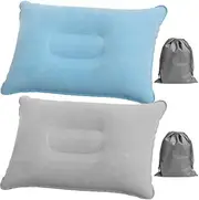 Anseom Inflatable Pillow for Camping, Pack of 2, Comfortable Neck Pillow for Car, Travel Pillow, Inflatable Beach Pillow, Flocking with 2 Drawstring Pockets for Office, Outdoor, Hiking