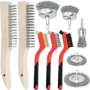 Swpeet 10Pcs Wire Brush Set, Including 5Pcs Wire Wheel Cup Brush, 3Pcs Stainless Steel/Brass/Nylon Bristles with Curved Handle Grip and 2Pcs Stainless & Carbon Steel Wire Brush for Deep Cleaning