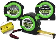3 Pack 25 ft Tape Measures Easy to Read Fractions to 1/8th inch Magnetic Tip