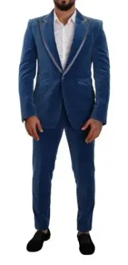 Dolce&Gabbana SICILIA Men Blue Suit Cotton Velvet One Button Blazer Pants IT 48