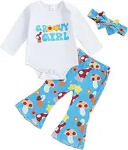 [Ayalinggo] Newborn Baby Girl Outfit Groovy Girls Letter Print Romper Mushroom Bell Bottom Pants Fall Clothes with Headband
