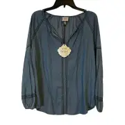 NEW Knox Rose Peasant Top Blouse Blue Stitching Accent Relaxed Boho Size Small