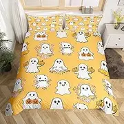 Cute Ghost Kids Duvet Cover Set Full Size, Halloween Theme Yellow Bedding Set for Boy Girls, Pumpkin Lantern Floral Ghosts Comforter Cover, Soft Polyester Quilt Cover, 2 Pillowcases, No Comforter