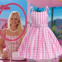 在飛比找蝦皮購物優惠-新款cosplay真人芭比歐美電影同款公主裙女童吊帶格子收腰