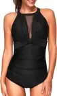 Tempt Me Women One Piece Swimsuit High Neck Plunge Ruched Tummy Large, Black