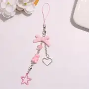 Ribbon Phone Strap / Keychain Q1487-2 - Phone Strap - Pink & Silver - One Size