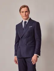 Hawes & Curtis Navy Chalk Stripe Italian Flannel Wool Double Breasted Tailored Fit Suit Jacket | 1913 Collection Size: 40 (EU 50)
