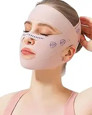 TPZORJX 1 x Half Face Lifting Mask, V Face Pressure Mask, Headband, Face Lifting Mask, Double Layer, Sleeping Mask for Double Chin and Saggy Face Skin (Pink Print)