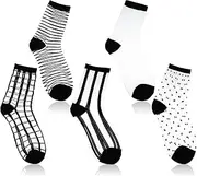 [Wanmu] 5 Pairs Sheer Socks, Black Mesh Ankle Socks, Ultra-Thin See Through Socks, Checkered Dot Striped Plaid Ankle, Thin Fishnet See Through Socks, Summer Casual Crew Socks, Black & White