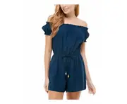 KINGSTON GREY Womens Navy Stretch Ruffled Drawstring Beaded Accent Short Sleeve Off Shoulder Romper XXS