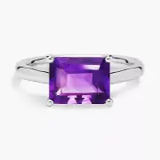 14K White Gold 1.85 Carat Natural Emerald Cut Amethyst Solitaire Engagement Ring