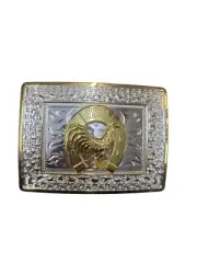 Cowboy Belt Buckle For Man - Horse Shoe/Rooster 4 1/4"x3 1/8" Silver Tone/Gold