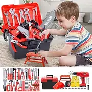 Tool Set with Tool Box & Electronic Toy Drill, Pretend Play Kids Construction Kits for Kids Ages 3-5 Years Old, Toddler Boy Toys(Orange)