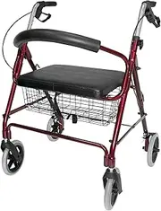 DMI Rollator Walker with Extra Wide Seat and Backrest, Adjustable Handle Height, Removable Storage Basket and a Durable Lightweight Frame that Easily Folds while Supporting up to 375 pounds, Burgundy
