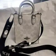 Coach Logo Web Strap Glacier White Leather Silver Tone Crossbody Bag cp011