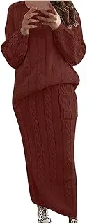 [hlysgo] Two Piece Sweater Set for Women Long Sleeve Crewneck Cable Knit Pullover Sweaters with Pocket Midi Skirts Suit, Wine, Large
