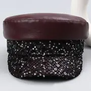 Women Stylish Faux Leather Flat Top Cap Sequin Beret Black Mesh Painters Hat