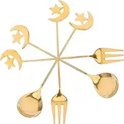 CLISPEED 4pcs Star and Moon Design Stainless Steel Dessert Spoons and Forks Set Coffee Stirring Spoons for Tea Ice Cream and Cake Table Decor Golden
