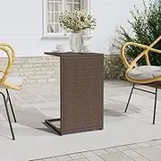 C Table Couch End Table, Poly Rattan Metal Tray Top Snack Side Table, Brown 40x35x60 cm