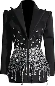 [Zadaos] Women's Blazer Jacket Turn-Down Collar Bow Sequins Rhinestones Patchwork Zipper Suit Jackets