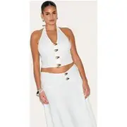Plus White Woven Halterneck Button Detail Top, White