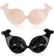 [POMAMZ] Sticky Bra Stick on Backless Strapless Bra Invisible Silicone Bra Sticky Bra Push Up Adhesive Bras Nipple Covers for Girls Women 2 Pcs,Beige & Black