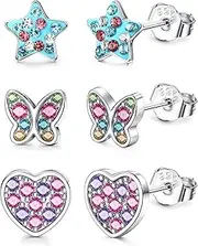 [Sanfenly] 3 Pairs 925 Sterling Silver Small Studs Earrings for Girls Kids Butterfly Heart Star Cubic Zirconia Cartilage Earrings Set for Women Children Hypoallergenic Stud Earrings Set