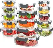 stusgo 15 Pack Glass Food Storage Containers with Lids, Airtight Leak Glass Meal Prep Containers, 3 Size Lunch Box, BPA Free，Reusable for Kitchen Organization (grey, 15 pack)