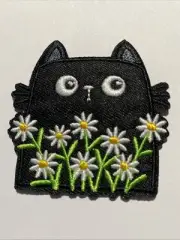 Black Cat in Daisys Embroidered Patch Sew/Iron On 2"x2"