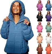[VESNIBA] Women's Quilted Pullover Puffer Jacket Oversized Long Sleeve Hooded Coats Winter Warm Lightweight (Blue-b, L)