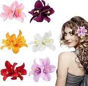 Pack of 6 Hawaii Colourful Hair Clips for Women, Flower Hair Clips, Girls, Double Orchid Hair Clips, Children's Hair Accessories for Women, Party, Hair Styling, Hair Pins, Wedding, Holiday, Artificial