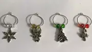 4 Piece Christmas Holiday Wine Charm Key Ring Silver Plated Set Angel Tree New