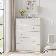 [Merryluk] Chest of Drawers 5 Drawer White Tallboy, Dresser Clothes Storage Cabinet Organizer Lowboy Bedside Table Bedroom Furniture Home Living Room Hallway Entryway Kitchen