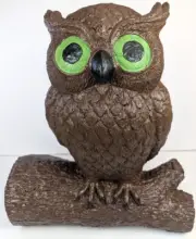 Brown Owl on Stump Statue Green Eyed 12in Tall Garden Statue Lawn Decoration U32