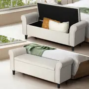 Oikiture Storage Ottoman Blanket Box Linen/Faux Leather Toy Foot Stool L/XL