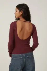Cotton:On Women's Romy Boat Neck Backless Long Sleeve Top Deep Garnet Size M NEW