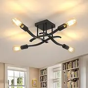 ZLGUBAY Semi Flush Mount Industrial Ceiling Light, Matte Black, 4 Lights Sputnik Near Ceiling Light, Rustic Black Chandelier for Bedroom, Kitchen, Dining Room