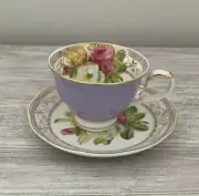 Grace Teaware Miniature Coffee Cup Saucer Flowers Purple Gold