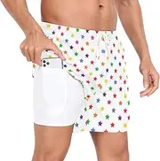 [GuoChe] Swim Trunks for Men Men Double Layer Workout Shorts Colorful Stars Rainbow with Compression Liner Swimming Suit Quick